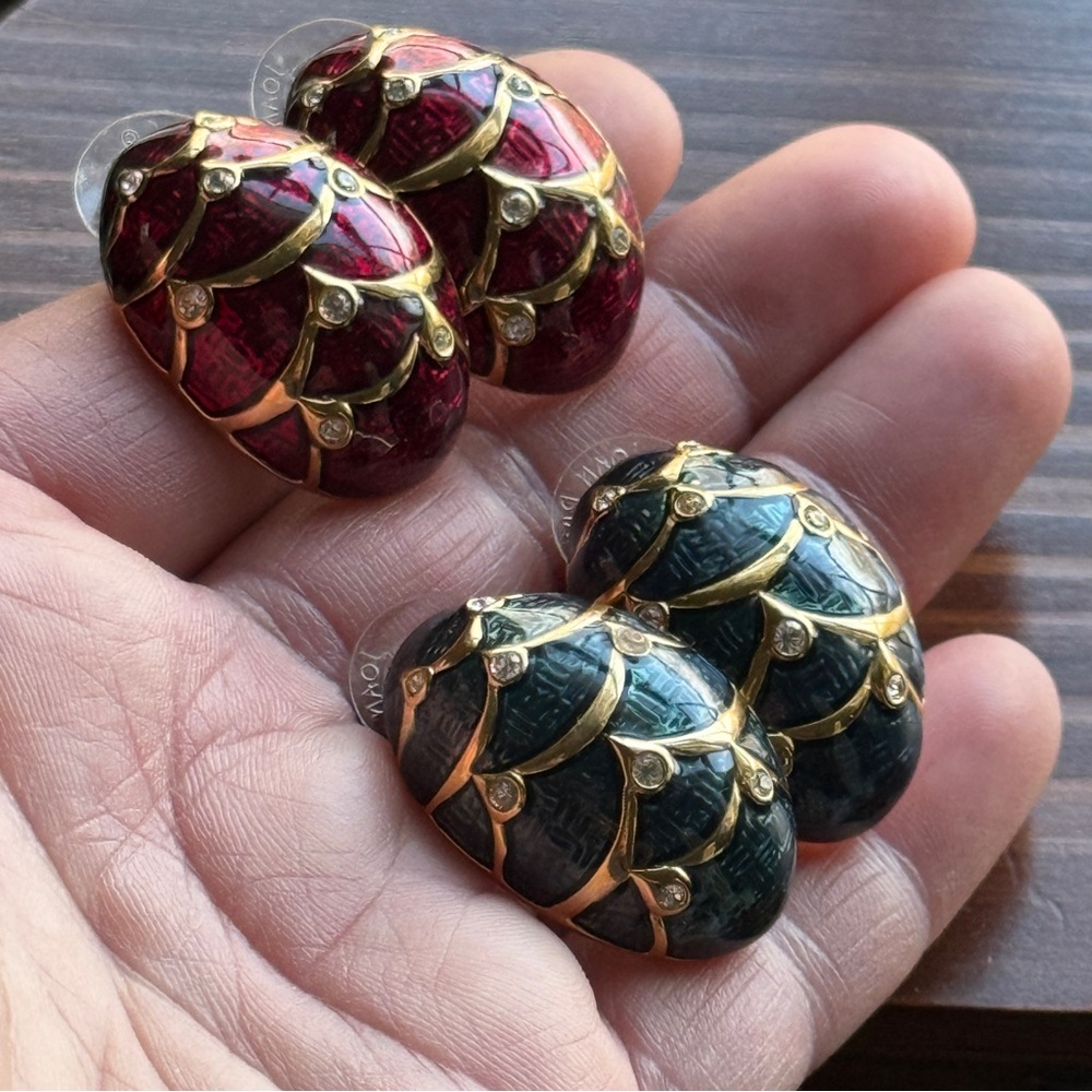 Vintage Joan Rivers Red & Green Enamel Rhinestone Egg Post Earrings x 2 Pairs